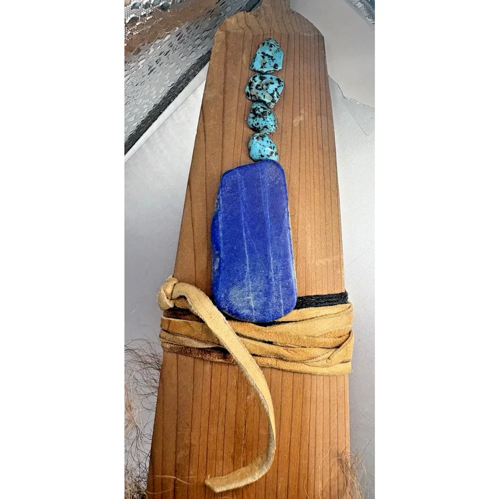 Native American Navajo Hand carved Peace Pipe Wood Leather Turquoise Fur 16.5